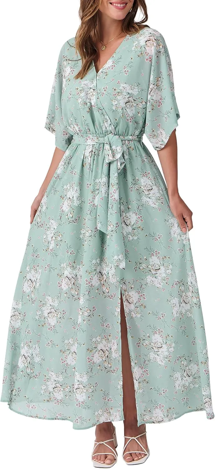 ANRABESS Womens Summer Loose Boho Flowy Wrap V Neck 3/4 Sleeve Floral Print Slit Beach Wedding Guest Long Maxi Dresses
