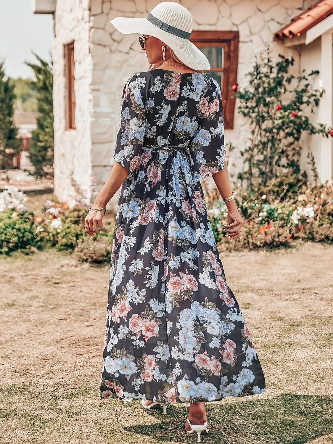 ANRABESS Womens Summer Loose Boho Flowy Wrap V Neck 3/4 Sleeve Floral Print Slit Beach Wedding Guest Long Maxi Dresses
