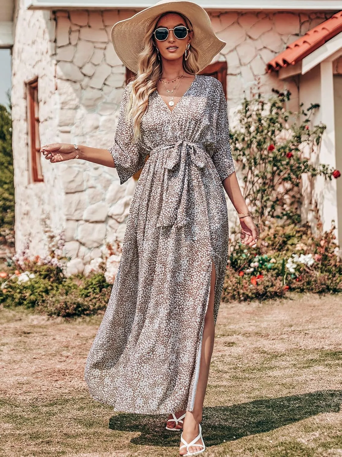 ANRABESS Womens Summer Loose Boho Flowy Wrap V Neck 3/4 Sleeve Floral Print Slit Beach Wedding Guest Long Maxi Dresses