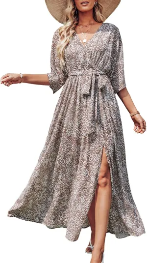 ANRABESS Womens Summer Loose Boho Flowy Wrap V Neck 3/4 Sleeve Floral Print Slit Beach Wedding Guest Long Maxi Dresses