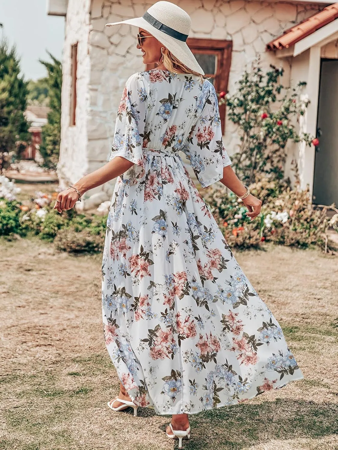 ANRABESS Womens Summer Loose Boho Flowy Wrap V Neck 3/4 Sleeve Floral Print Slit Beach Wedding Guest Long Maxi Dresses
