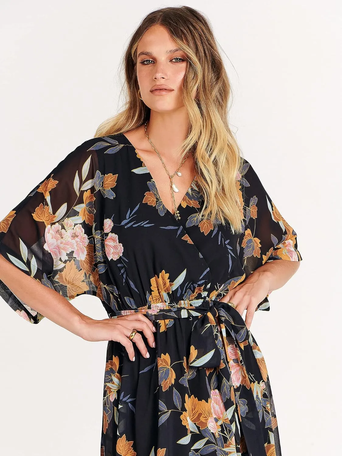 ANRABESS Womens Summer Loose Boho Flowy Wrap V Neck 3/4 Sleeve Floral Print Slit Beach Wedding Guest Long Maxi Dresses
