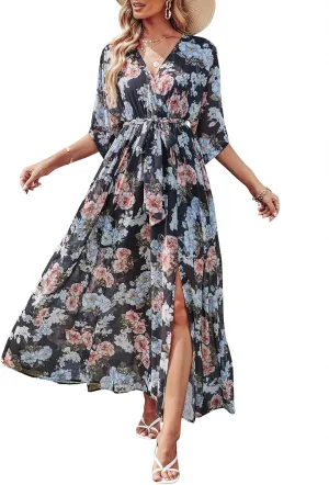 ANRABESS Womens Summer Loose Boho Flowy Wrap V Neck 3/4 Sleeve Floral Print Slit Beach Wedding Guest Long Maxi Dresses
