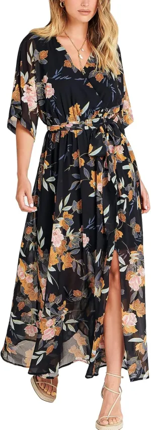 ANRABESS Womens Summer Loose Boho Flowy Wrap V Neck 3/4 Sleeve Floral Print Slit Beach Wedding Guest Long Maxi Dresses