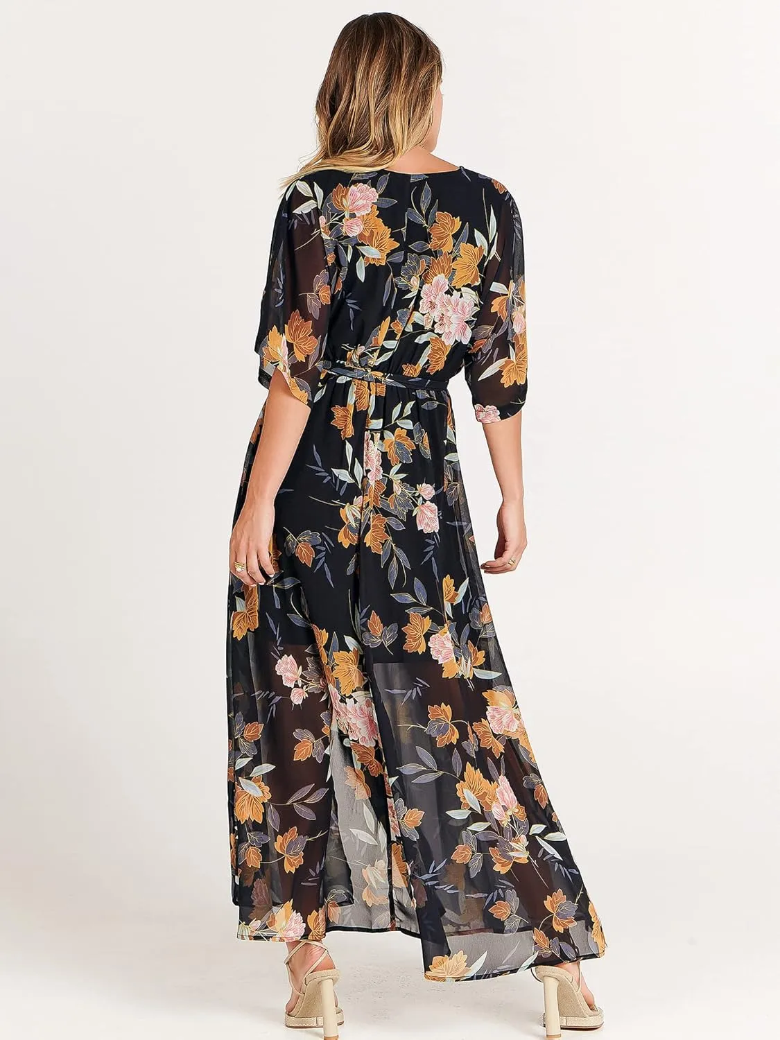 ANRABESS Womens Summer Loose Boho Flowy Wrap V Neck 3/4 Sleeve Floral Print Slit Beach Wedding Guest Long Maxi Dresses