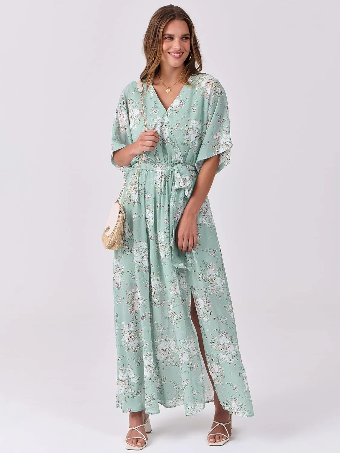 ANRABESS Womens Summer Loose Boho Flowy Wrap V Neck 3/4 Sleeve Floral Print Slit Beach Wedding Guest Long Maxi Dresses