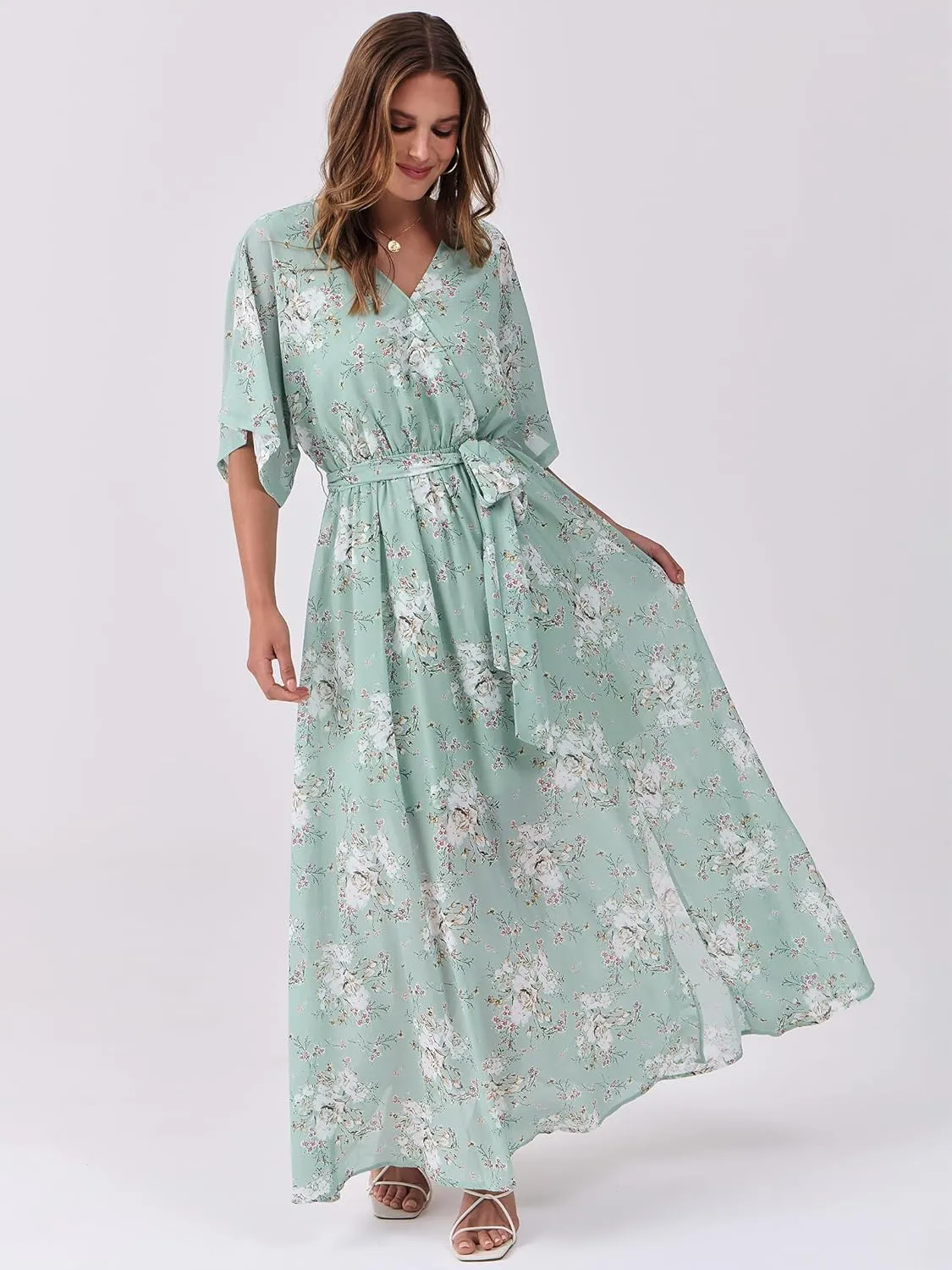 ANRABESS Womens Summer Loose Boho Flowy Wrap V Neck 3/4 Sleeve Floral Print Slit Beach Wedding Guest Long Maxi Dresses