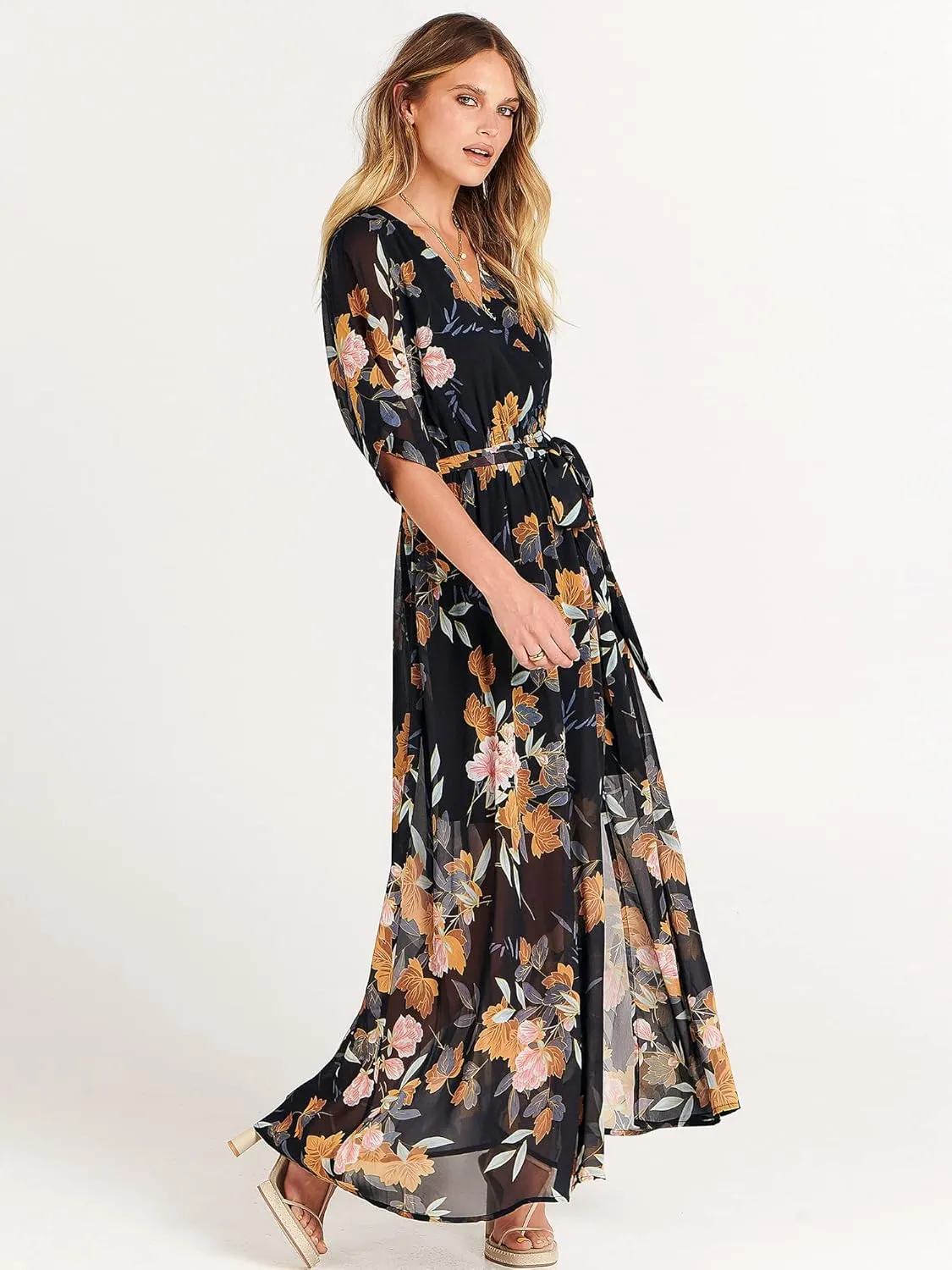 ANRABESS Womens Summer Loose Boho Flowy Wrap V Neck 3/4 Sleeve Floral Print Slit Beach Wedding Guest Long Maxi Dresses