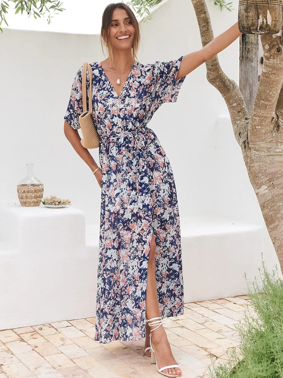 ANRABESS Womens Summer Loose Boho Flowy Wrap V Neck 3/4 Sleeve Floral Print Slit Beach Wedding Guest Long Maxi Dresses