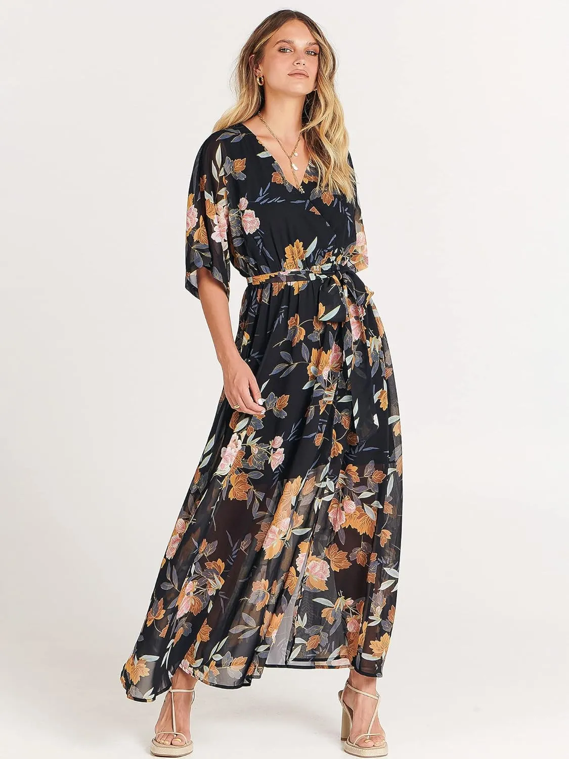 ANRABESS Womens Summer Loose Boho Flowy Wrap V Neck 3/4 Sleeve Floral Print Slit Beach Wedding Guest Long Maxi Dresses