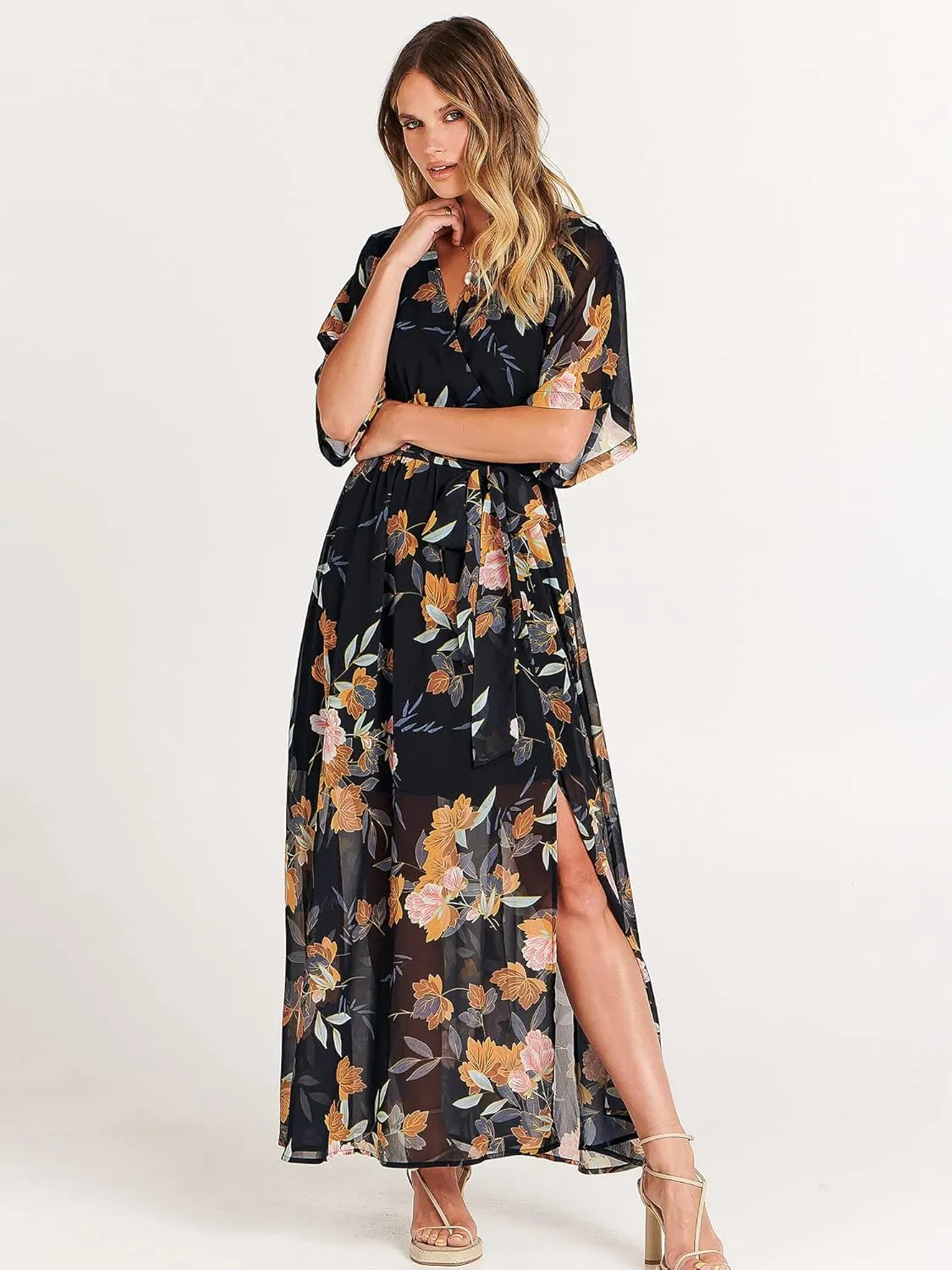 ANRABESS Womens Summer Loose Boho Flowy Wrap V Neck 3/4 Sleeve Floral Print Slit Beach Wedding Guest Long Maxi Dresses