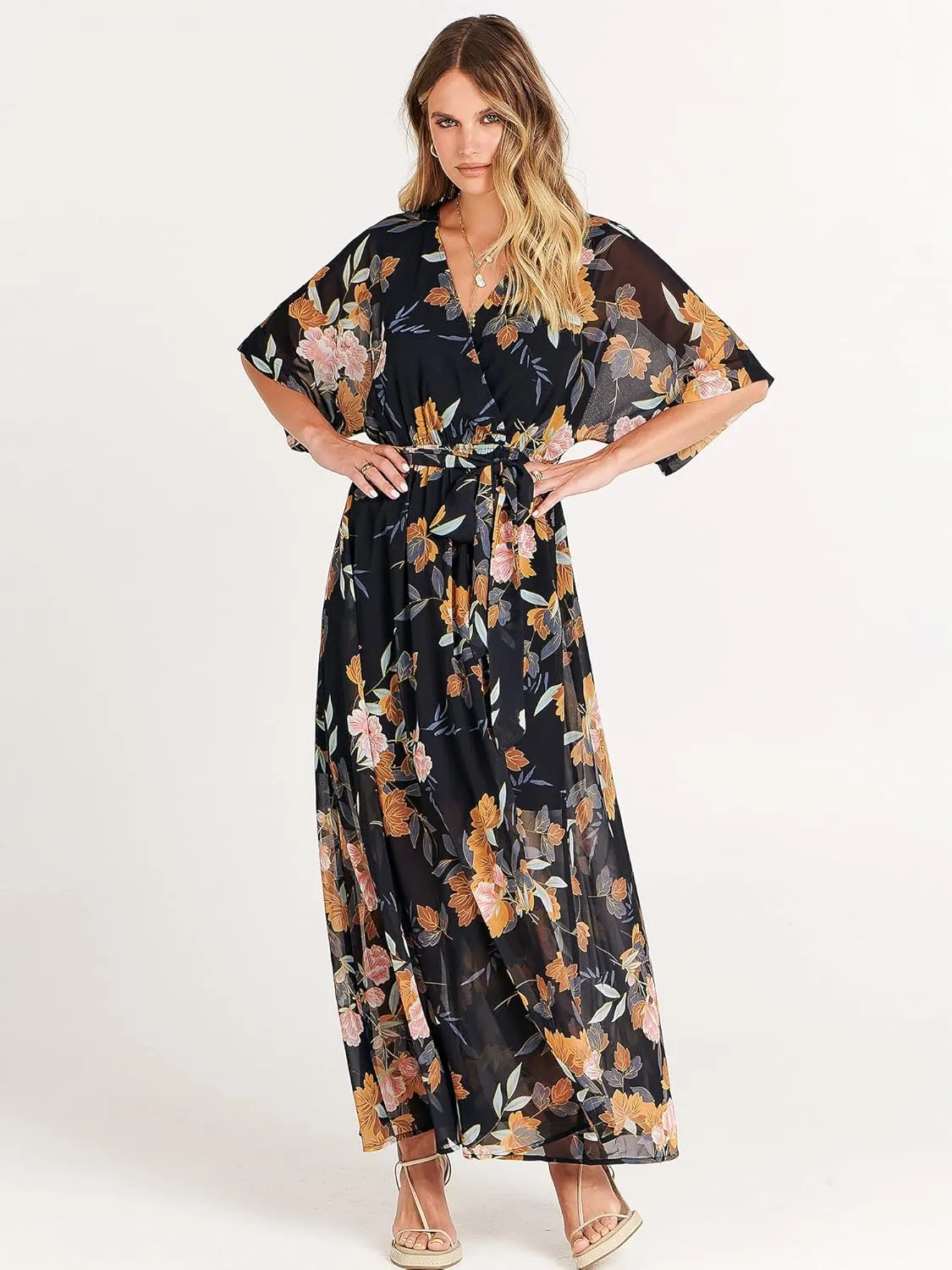 ANRABESS Womens Summer Loose Boho Flowy Wrap V Neck 3/4 Sleeve Floral Print Slit Beach Wedding Guest Long Maxi Dresses