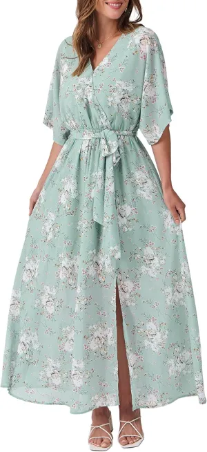 ANRABESS Womens Summer Loose Boho Flowy Wrap V Neck 3/4 Sleeve Floral Print Slit Beach Wedding Guest Long Maxi Dresses
