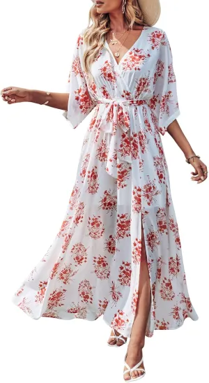 ANRABESS Womens Summer Loose Boho Flowy Wrap V Neck 3/4 Sleeve Floral Print Slit Beach Wedding Guest Long Maxi Dresses