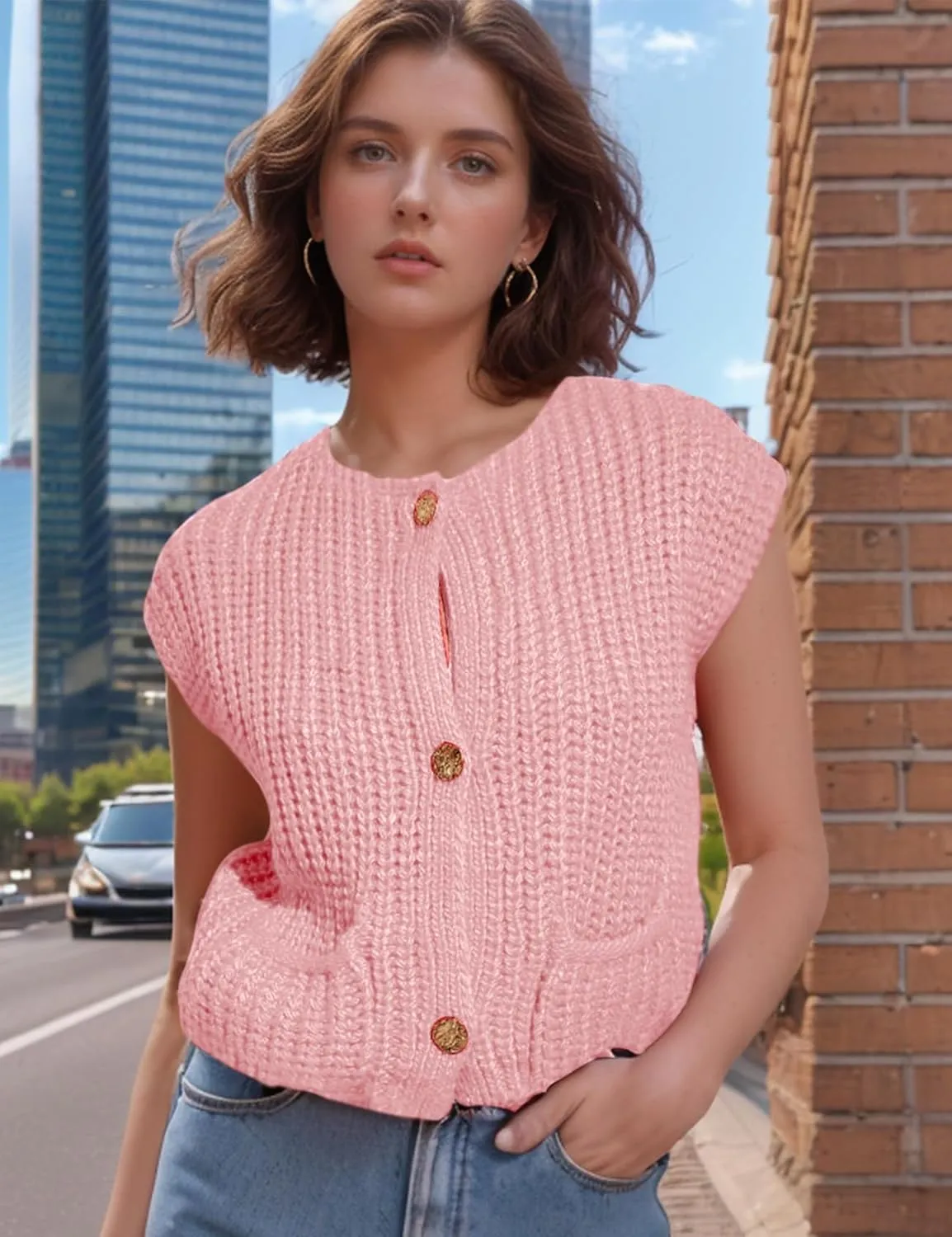Arssm Women Button Down Sweater Vest Sleeveless Crop Knit Cardigan Cropped Knitted Sweater Vest with Pockets