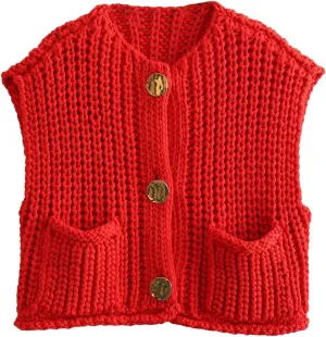 Arssm Women Button Down Sweater Vest Sleeveless Crop Knit Cardigan Cropped Knitted Sweater Vest with Pockets