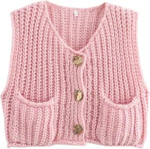 Arssm Women Button Down Sweater Vest Sleeveless Crop Knit Cardigan Cropped Knitted Sweater Vest with Pockets