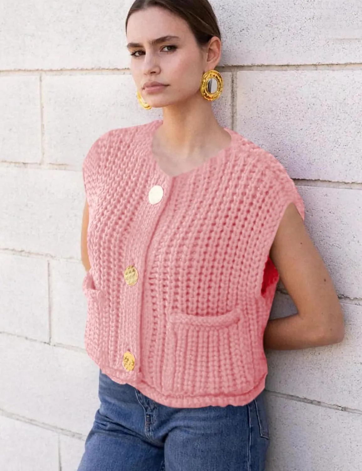 Arssm Women Button Down Sweater Vest Sleeveless Crop Knit Cardigan Cropped Knitted Sweater Vest with Pockets
