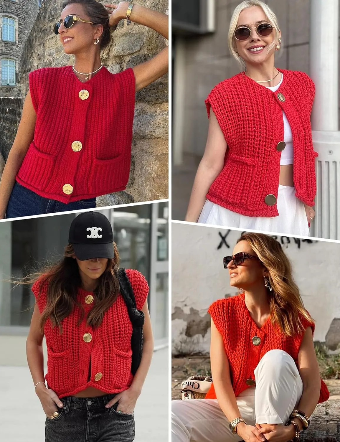 Arssm Women Button Down Sweater Vest Sleeveless Crop Knit Cardigan Cropped Knitted Sweater Vest with Pockets