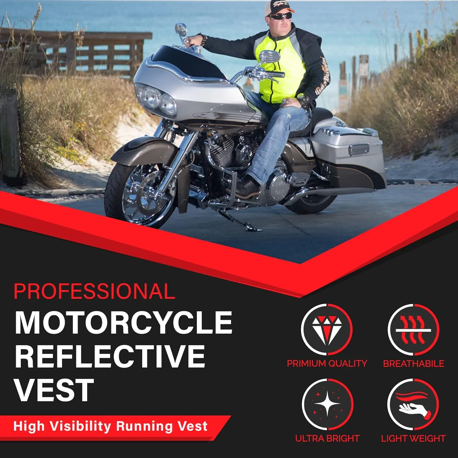 Badass Moto Safety Vest With Pockets. Motorcycle Reflective Vest For Motorcycle Jacket. High Visibility Running Vest