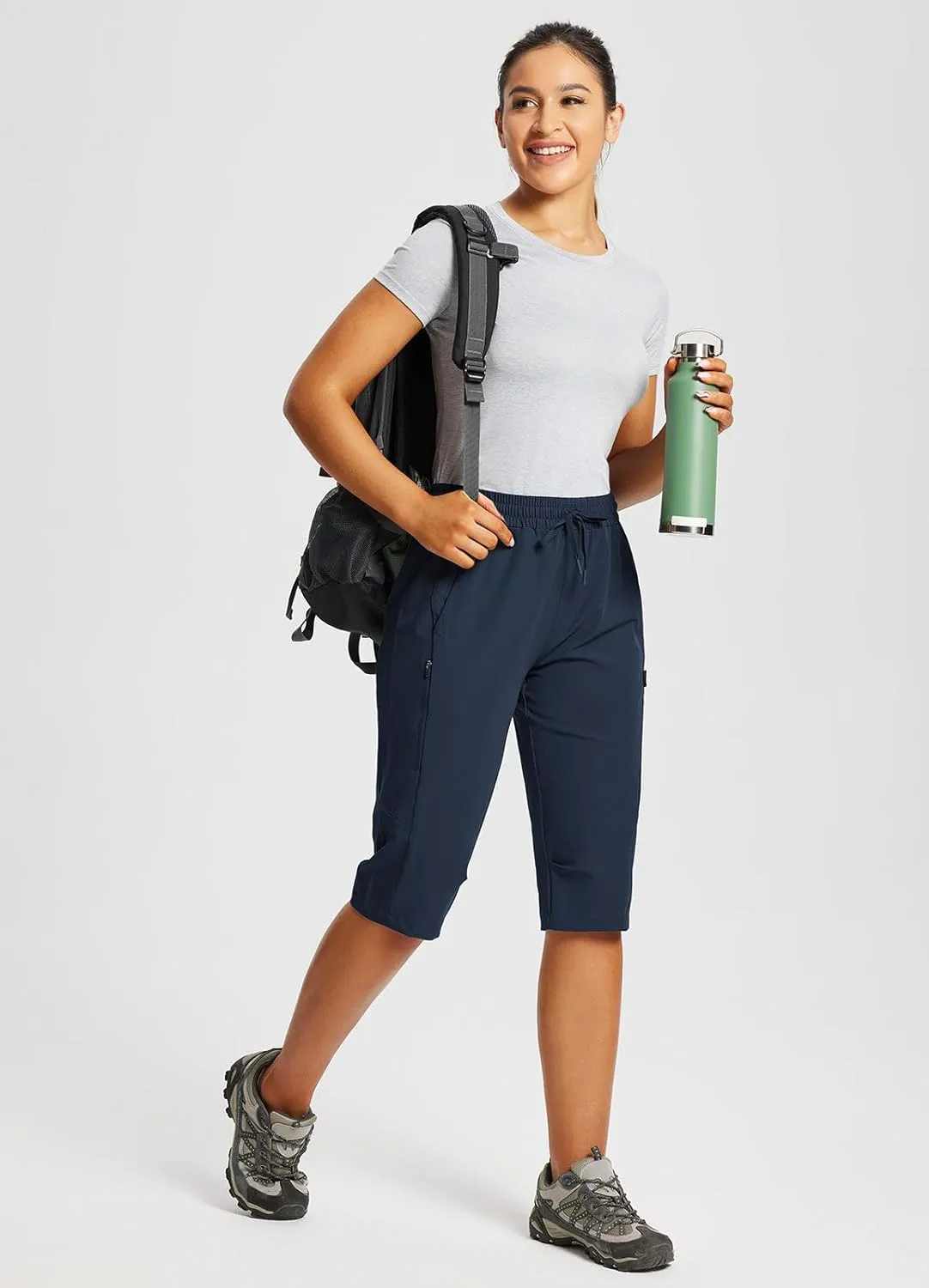 baleaf Women's 15" Long Shorts Below The Knee Capri Hiking Cargo Shorts Lightweight Quick Dry Elastic Waist for Casual