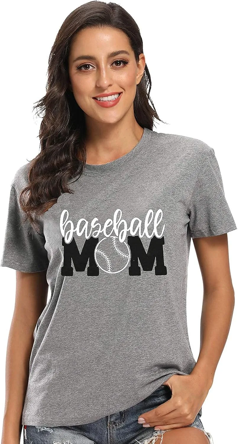 Baseball Mom Shirt Womens Mom Shirt Short Sleeve O-Neck Letter Print Casual Tops Tees