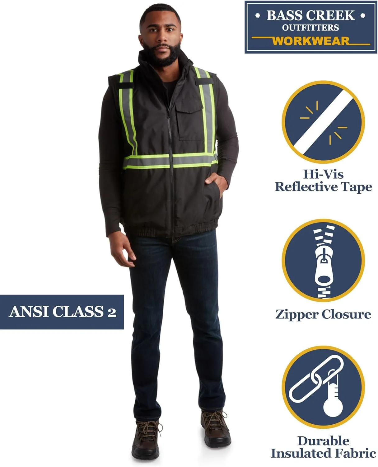 Bass Creek Outfitters Men's Safety Vest - High Visibility Workwear Insulated Construction Vest with Reflective Tape (M-XXL)