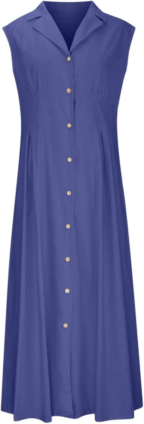 BAXLIMEK Linen Dresses for Women 2025,Summer Trendy Sleeveless Lapel Button Down Dress Flowy Ruched Work Office Maxi Dress