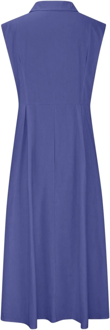 BAXLIMEK Linen Dresses for Women 2025,Summer Trendy Sleeveless Lapel Button Down Dress Flowy Ruched Work Office Maxi Dress