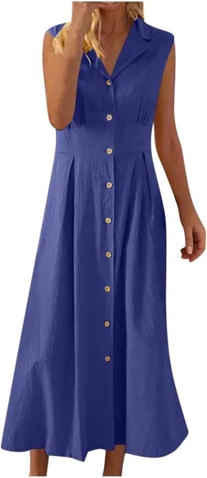 BAXLIMEK Linen Dresses for Women 2025,Summer Trendy Sleeveless Lapel Button Down Dress Flowy Ruched Work Office Maxi Dress