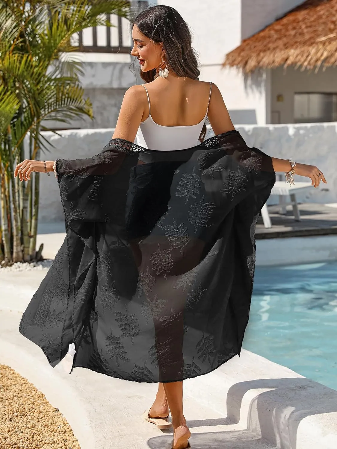 BB&KK 2025 Summer Women Cover Ups Swimwear Open Front Lace Kimono Cardigan Swimsuit Sheer Coverup Midi Kimono
