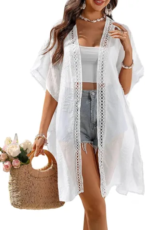 BB&KK 2025 Summer Women Cover Ups Swimwear Open Front Lace Kimono Cardigan Swimsuit Sheer Coverup Midi Kimono