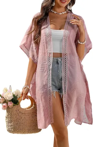 BB&KK 2025 Summer Women Cover Ups Swimwear Open Front Lace Kimono Cardigan Swimsuit Sheer Coverup Midi Kimono