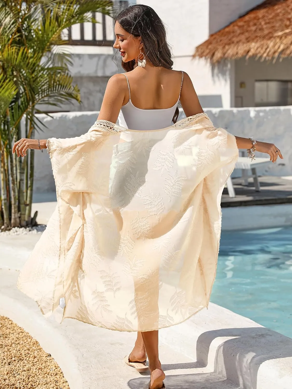 BB&KK 2025 Summer Women Cover Ups Swimwear Open Front Lace Kimono Cardigan Swimsuit Sheer Coverup Midi Kimono