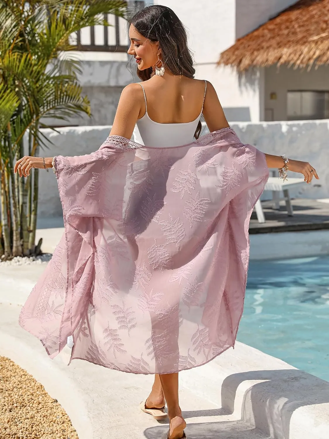 BB&KK 2025 Summer Women Cover Ups Swimwear Open Front Lace Kimono Cardigan Swimsuit Sheer Coverup Midi Kimono