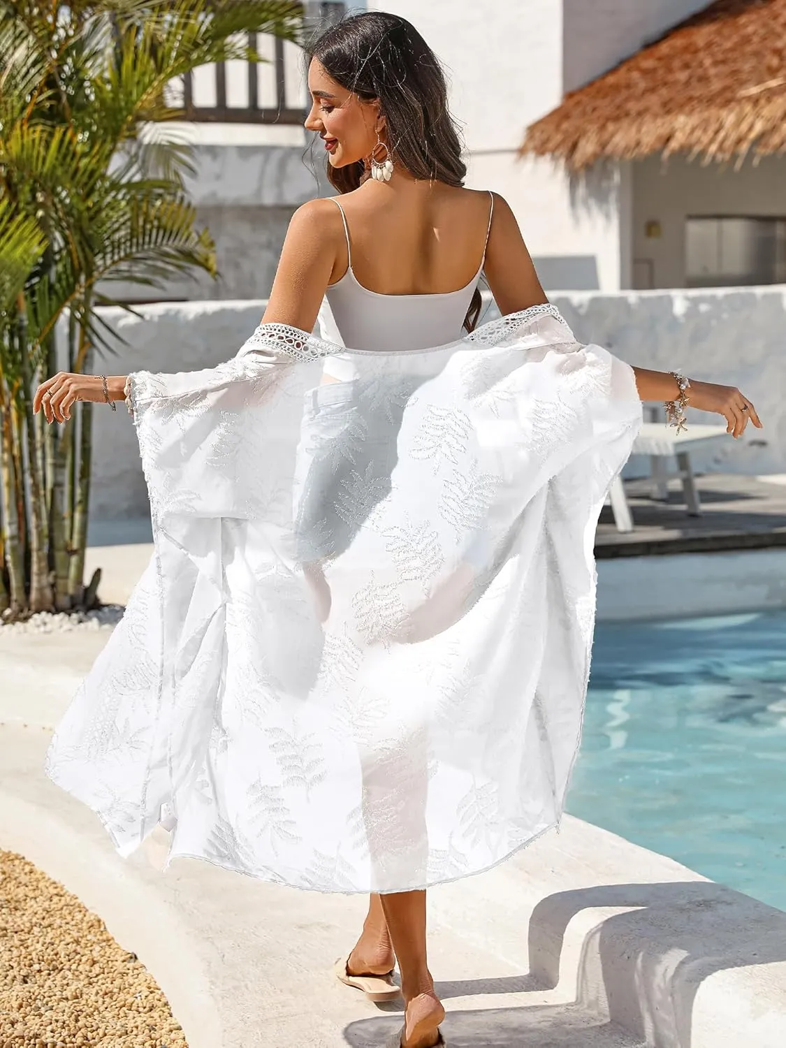 BB&KK 2025 Summer Women Cover Ups Swimwear Open Front Lace Kimono Cardigan Swimsuit Sheer Coverup Midi Kimono