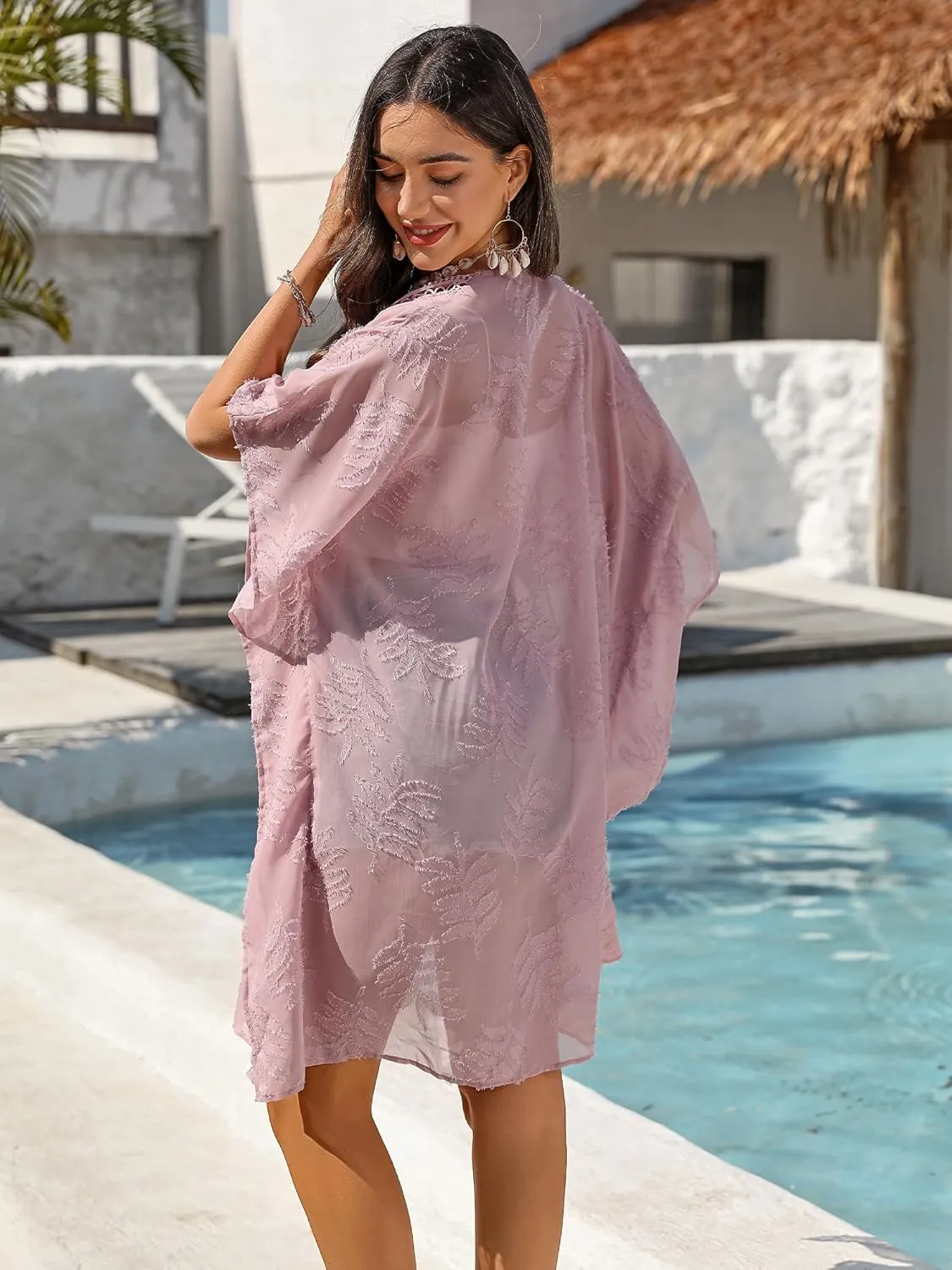 BB&KK 2025 Summer Women Cover Ups Swimwear Open Front Lace Kimono Cardigan Swimsuit Sheer Coverup Midi Kimono