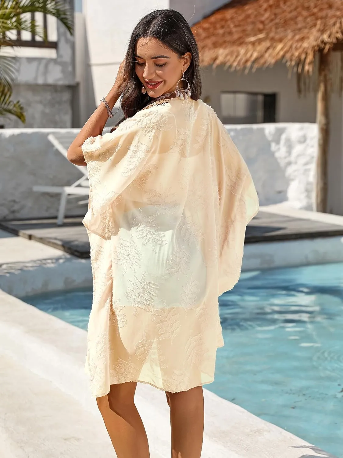 BB&KK 2025 Summer Women Cover Ups Swimwear Open Front Lace Kimono Cardigan Swimsuit Sheer Coverup Midi Kimono