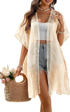 BB&KK 2025 Summer Women Cover Ups Swimwear Open Front Lace Kimono Cardigan Swimsuit Sheer Coverup Midi Kimono
