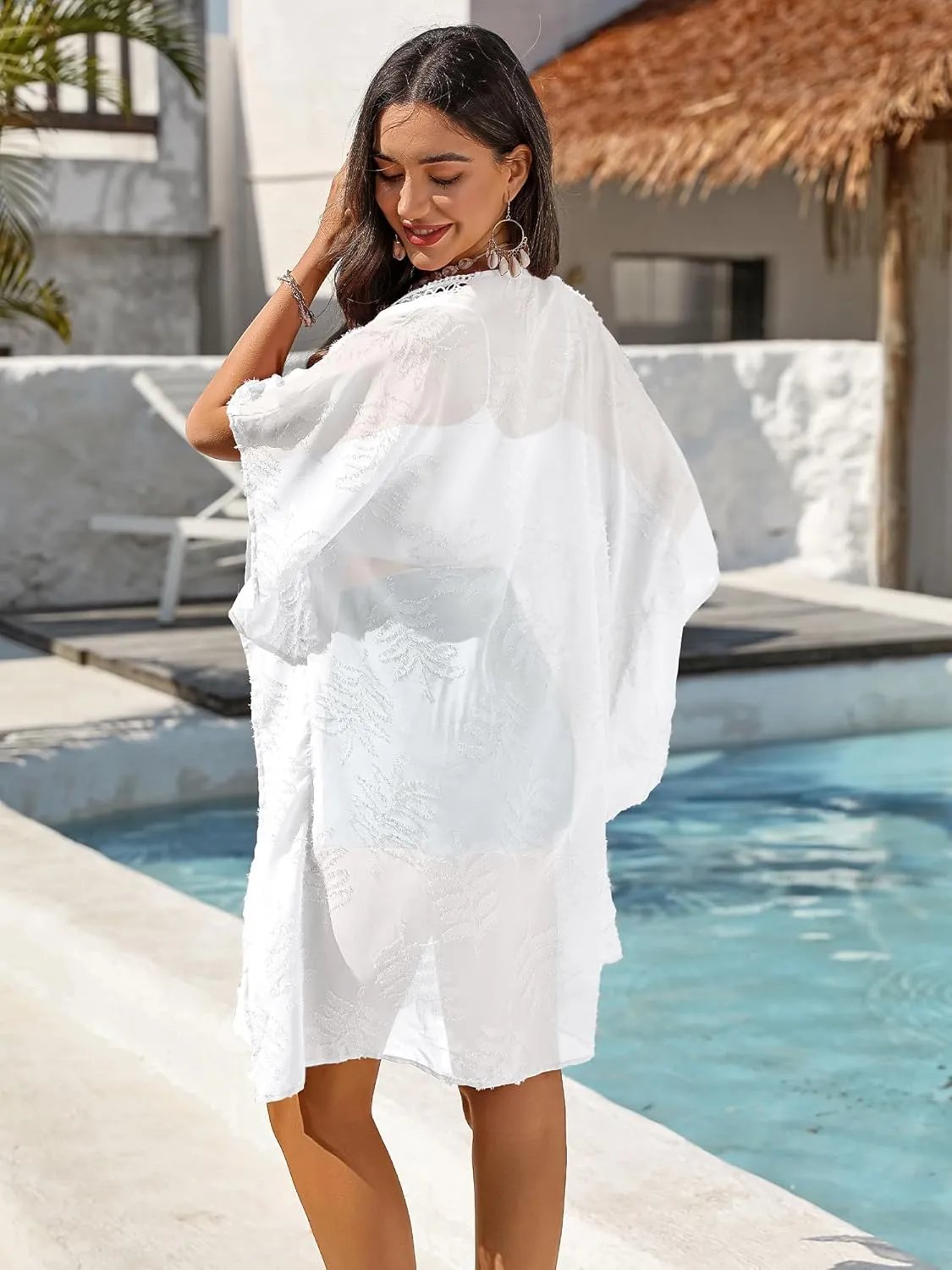 BB&KK 2025 Summer Women Cover Ups Swimwear Open Front Lace Kimono Cardigan Swimsuit Sheer Coverup Midi Kimono