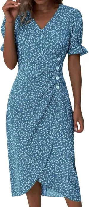 Beach Dresses for Women 2024 Vacation Trendy Elegant V Neck Floral Sundress High-Low Hem Flowy Midi Dress
