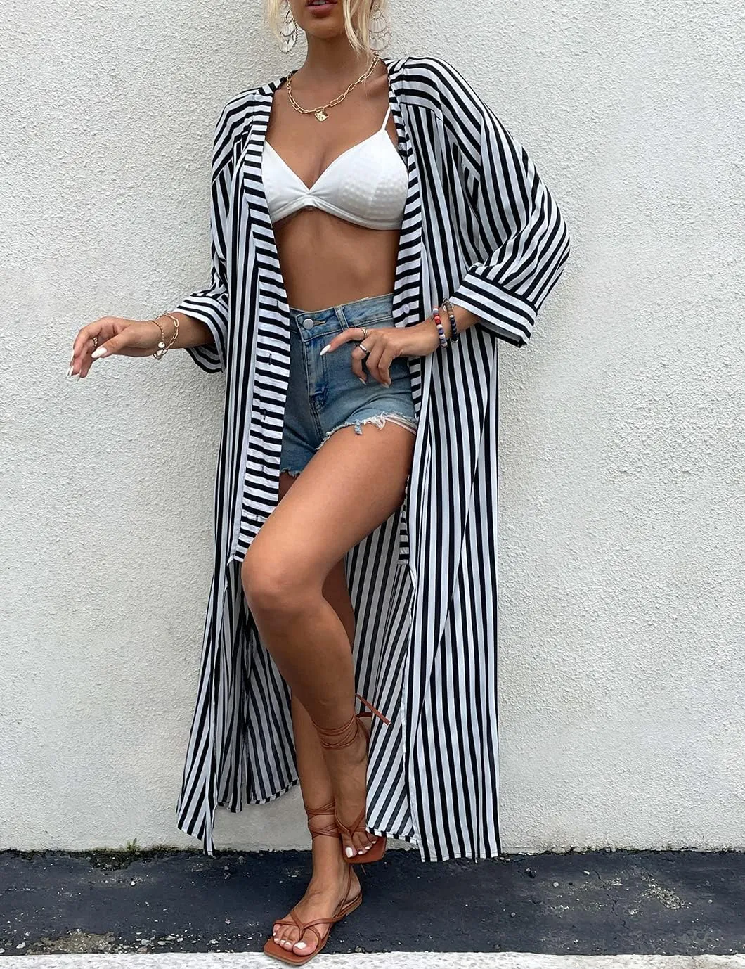 Beach Kimono Cardigans for Women Open Front Swimsuit Cover Up Graphic Print Bathing Suit