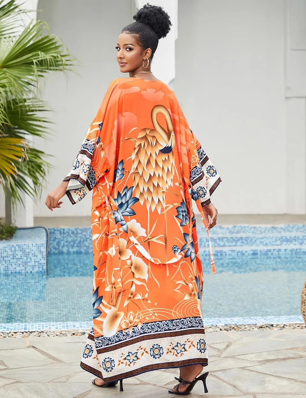 Beach Kimono Cardigans for Women Open Front Swimsuit Cover Up Graphic Print Bathing Suit