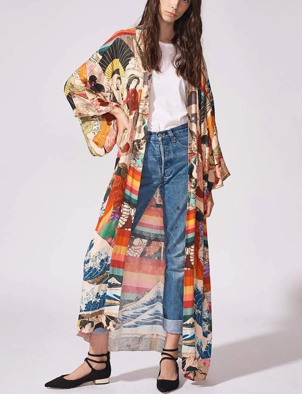 Beach Kimono Cardigans for Women Open Front Swimsuit Cover Up Graphic Print Bathing Suit