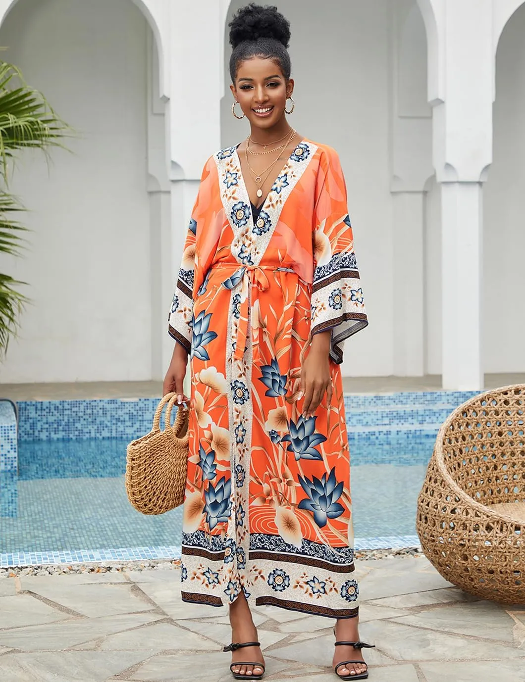 Beach Kimono Cardigans for Women Open Front Swimsuit Cover Up Graphic Print Bathing Suit