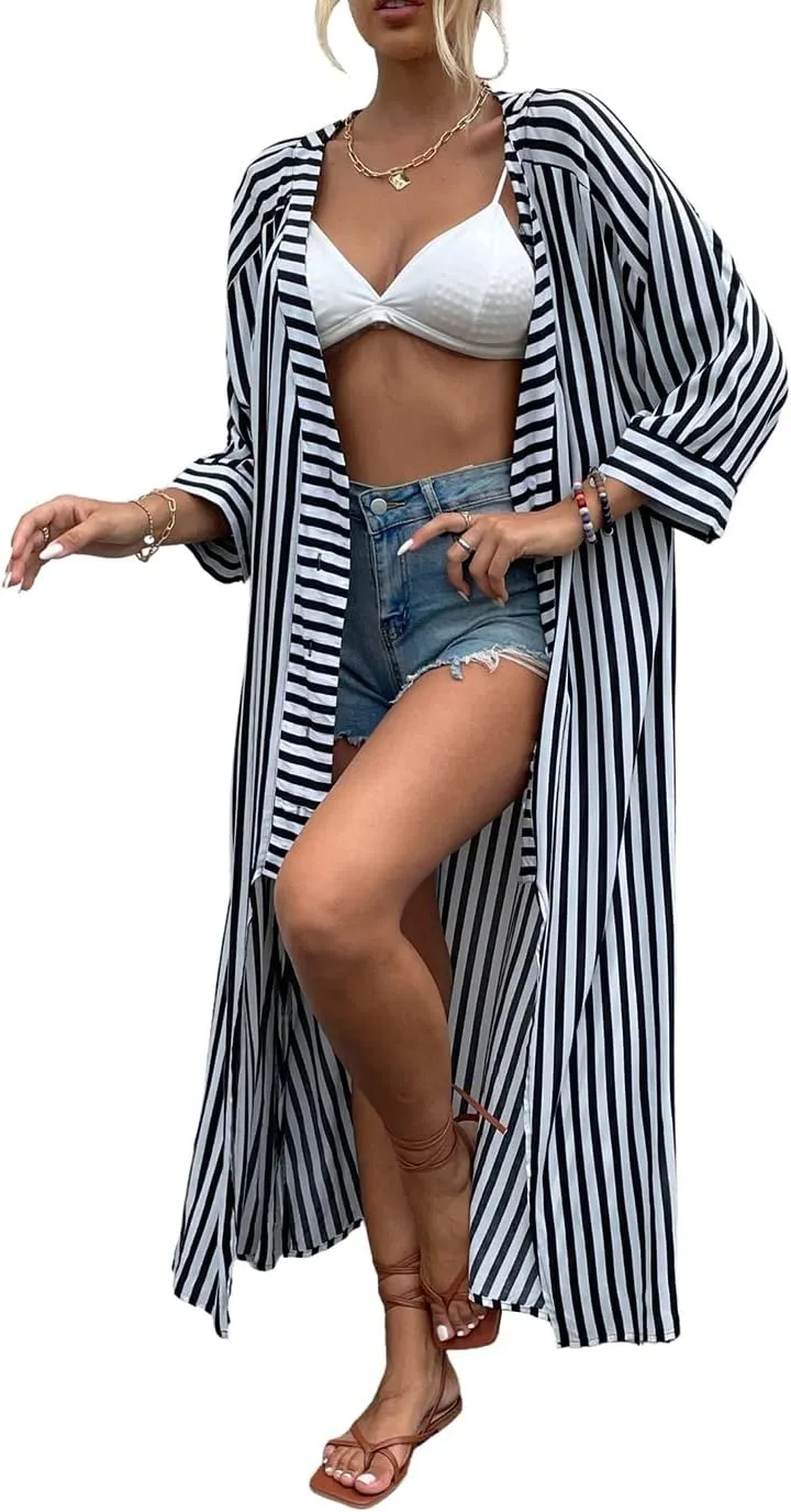 Beach Kimono Cardigans for Women Open Front Swimsuit Cover Up Graphic Print Bathing Suit
