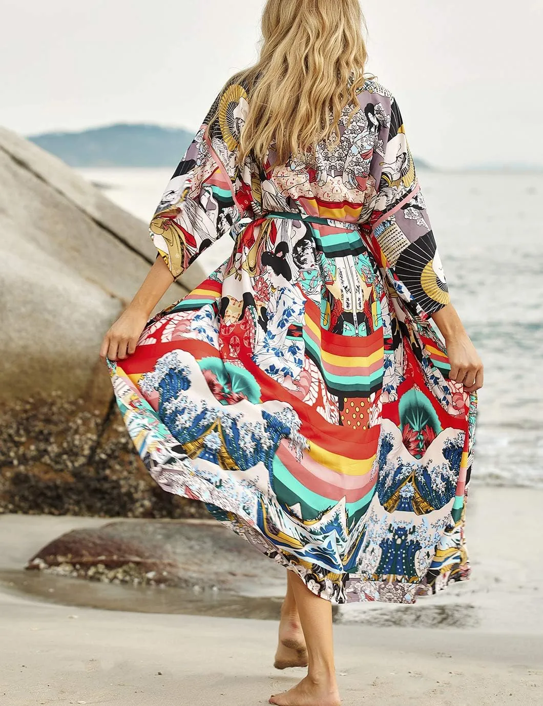 Beach Kimono Cardigans for Women Open Front Swimsuit Cover Up Graphic Print Bathing Suit