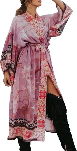 Beach Kimono Cardigans for Women Open Front Swimsuit Cover Up Graphic Print Bathing Suit