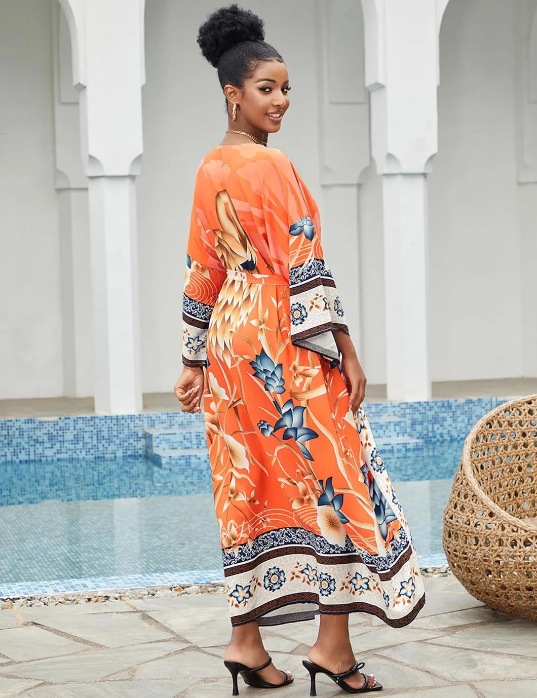 Beach Kimono Cardigans for Women Open Front Swimsuit Cover Up Graphic Print Bathing Suit