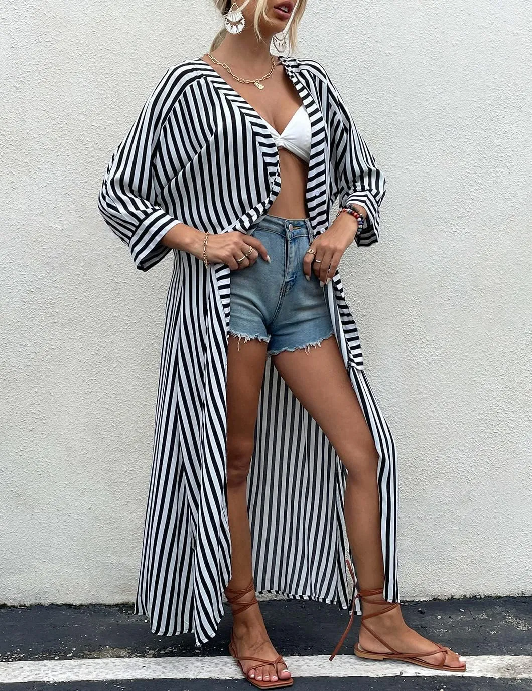 Beach Kimono Cardigans for Women Open Front Swimsuit Cover Up Graphic Print Bathing Suit